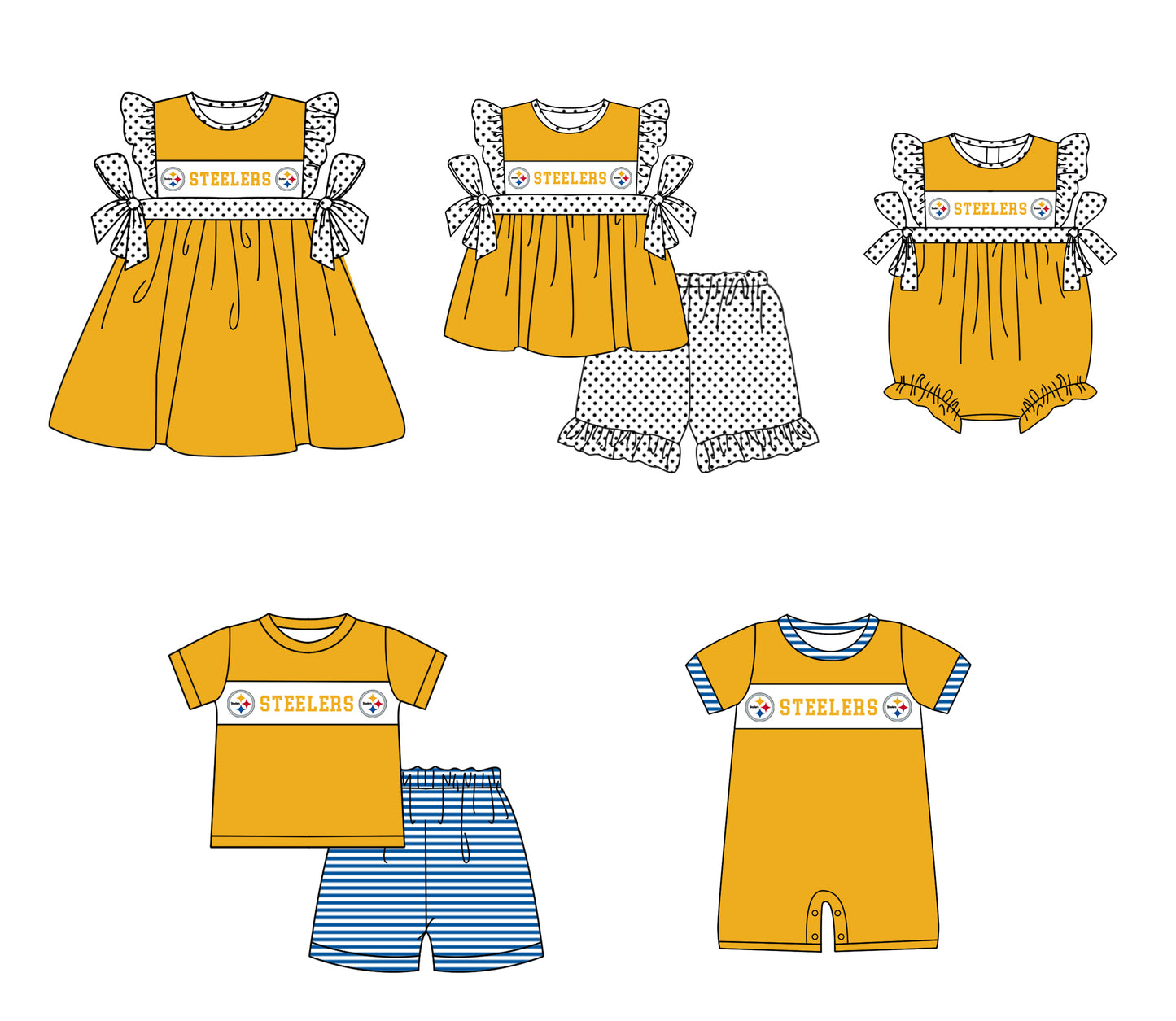 CUSTOM MOQ 5 Sibling Baby Kids Yellow Polka Dots Top Shorts Clothes Set Knee Length Dress Rompers
