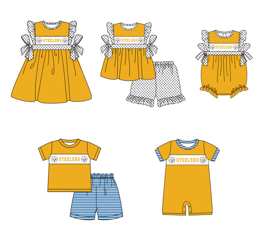 CUSTOM MOQ 5 Sibling Baby Kids Yellow Polka Dots Top Shorts Clothes Set Knee Length Dress Rompers