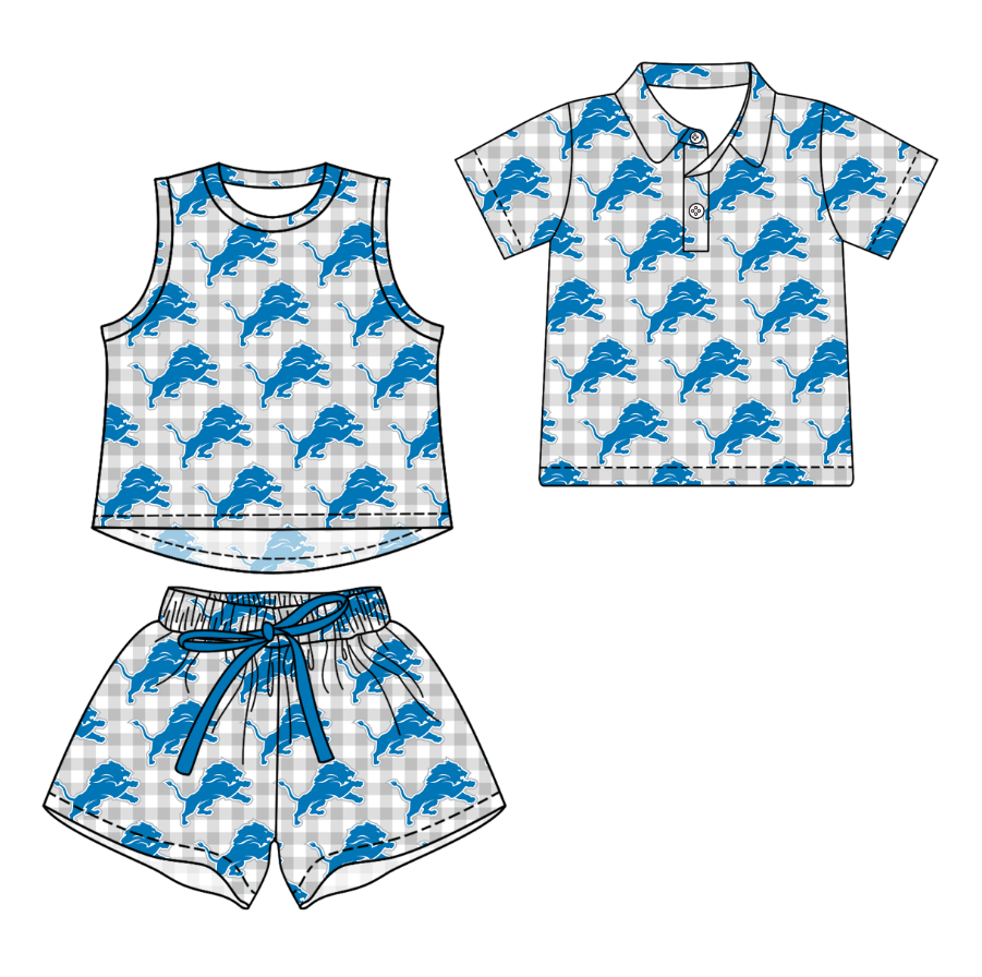3.17 CUSTOM MOQ 5 Sibling Boys Baby Girls Summer Fashion Gray Check Sleeveless Light Blue Top Shorts Button Polo Shirts Team Clothes Sets