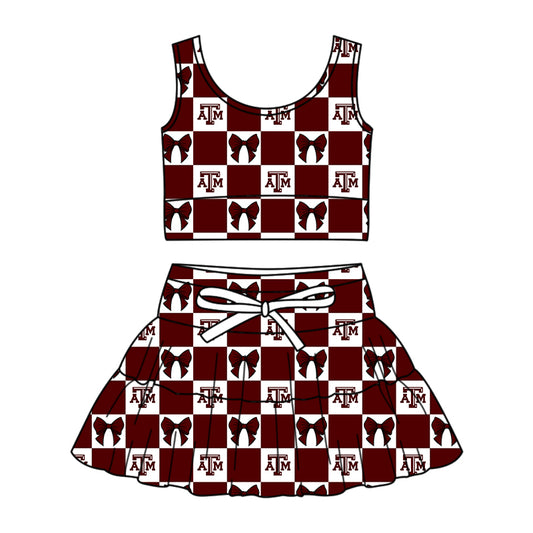 CUSTOM MOQ 5 Kids Clothing for Girls Baby Girls Dark Red T Bow Top Skirts Yoga Active Team Clothes Sets