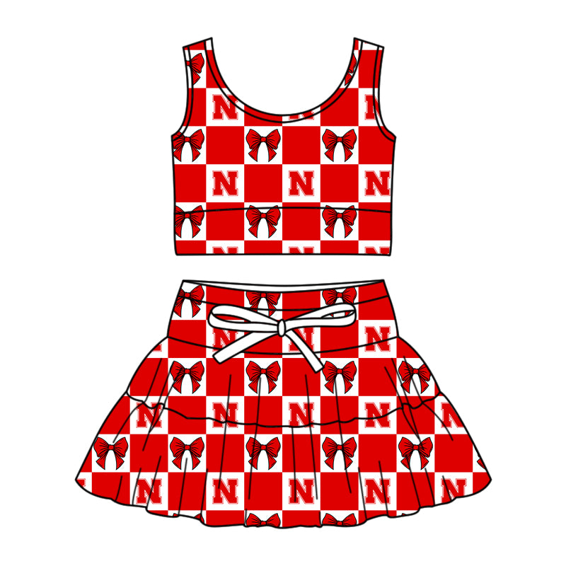 CUSTOM MOQ 5 Sibing Kids Clothing for Girls Baby Girls Red N Bow Top Skirts Yoga Active Team Clothes Sets Knee Length Dress Shorts