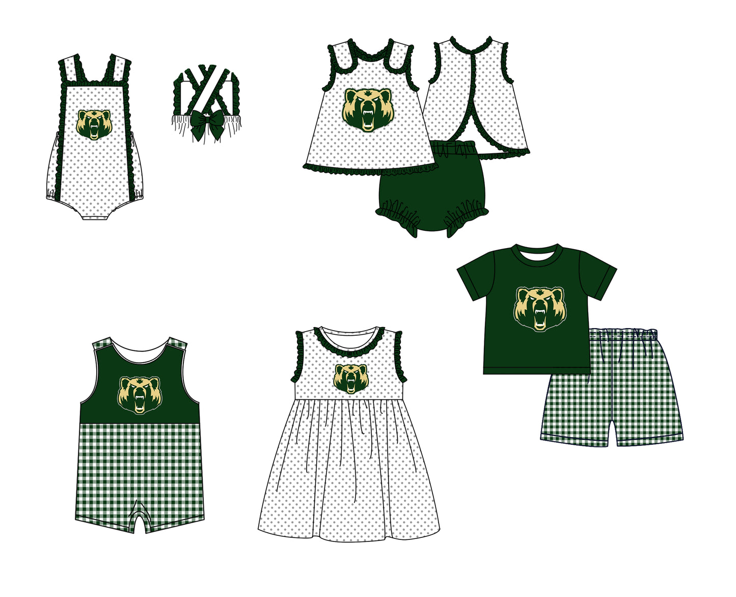 CUSTOM MOQ 5 Sibling Boys Baby Girls Green Top Shorts Clothes Set Knee Length Dress Rompers