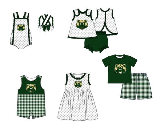 CUSTOM MOQ 5 Sibling Boys Baby Girls Green Top Shorts Clothes Set Knee Length Dress Rompers