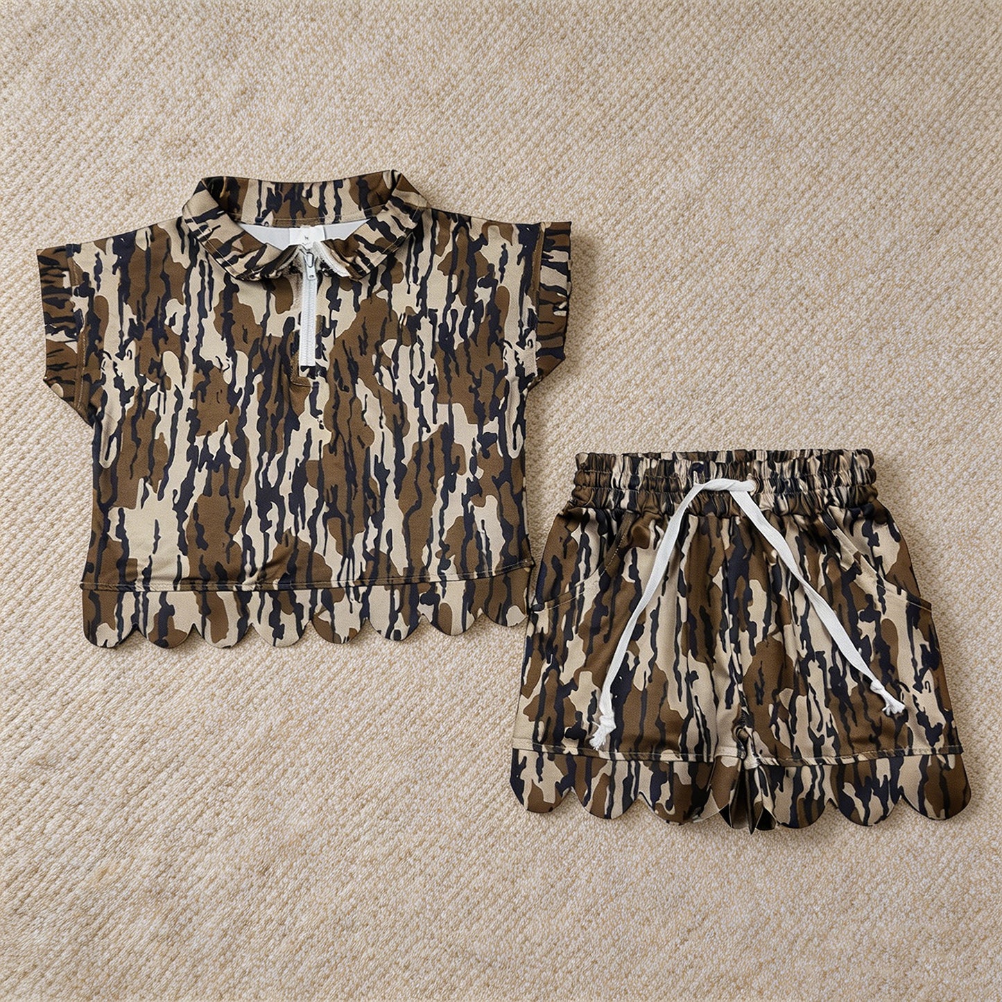 GSSO3563 RTS NO MOQ （In stock ）Short sleeves camo scallop pullover shorts girls outfits