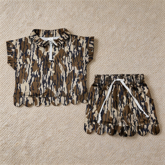 GSSO3563 RTS NO MOQ （In stock ）Short sleeves camo scallop pullover shorts girls outfits