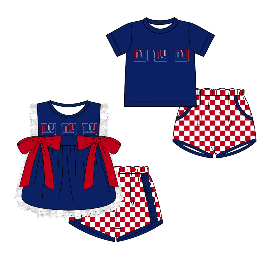 CUSTOM MOQ 5 Cute Kids Clothing Sibling Boys Baby Girls Summer Blue Top Red Checked Shorts Team Clothes Sets