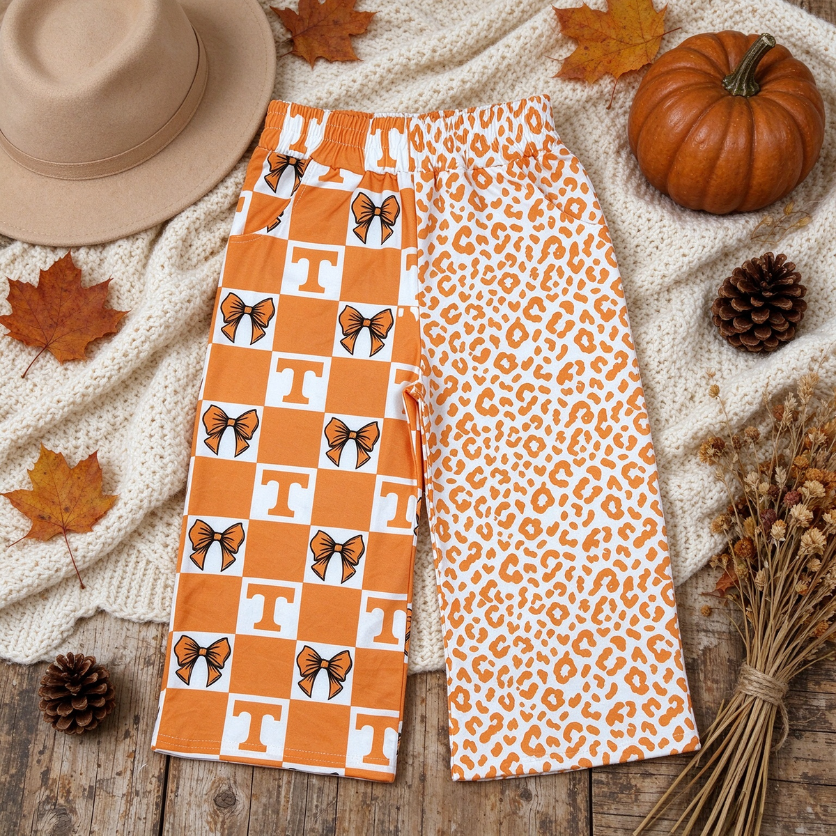 RTS NO MOQ （In stock）milk silk P1121 Baby Girls Bows Checked Leopard Team Pockets Pants Casual Bottom