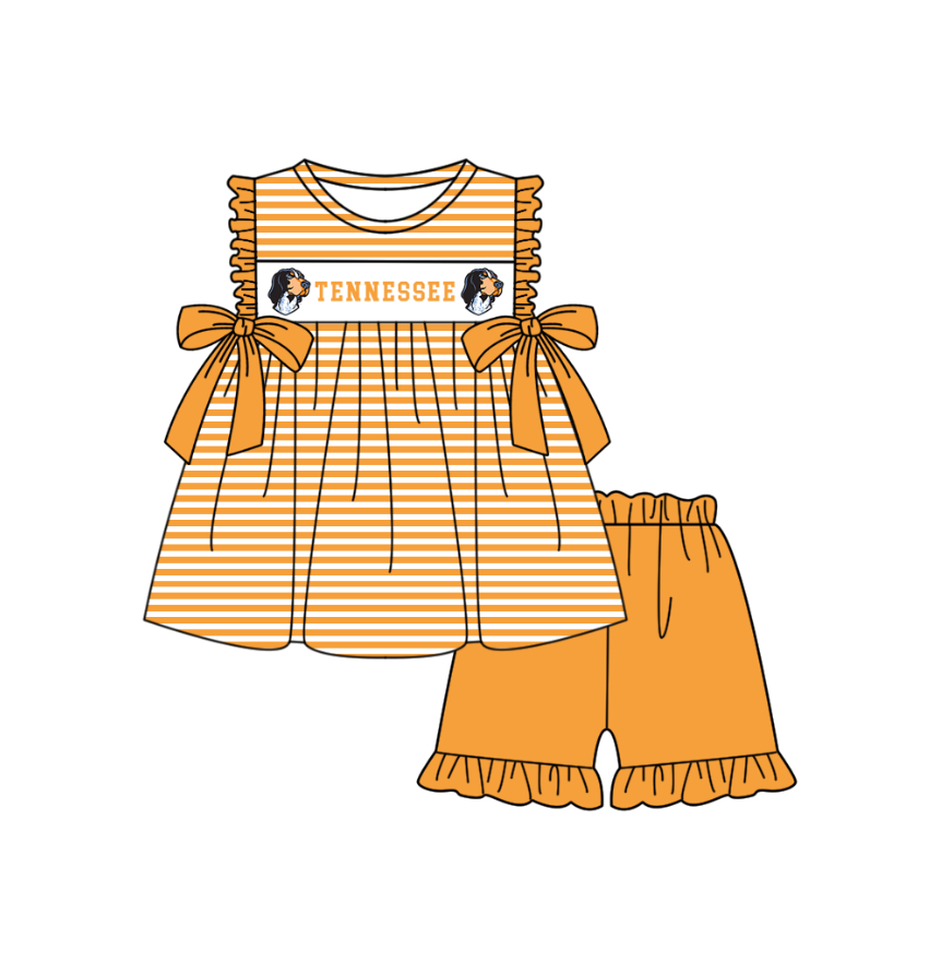 CUSTOM MOQ 5 Sibling Boys Baby Girls Orange Color Stripe Top Ruffles Shorts Clothes Set Knee Length Dress Rompers