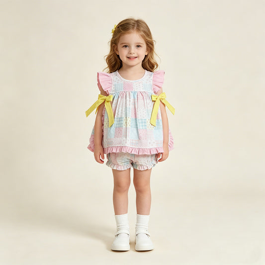 GBO0513 RTS NO MOQ （In stock）Pink flutter sleeves floral bow tunic bummies girls outfits