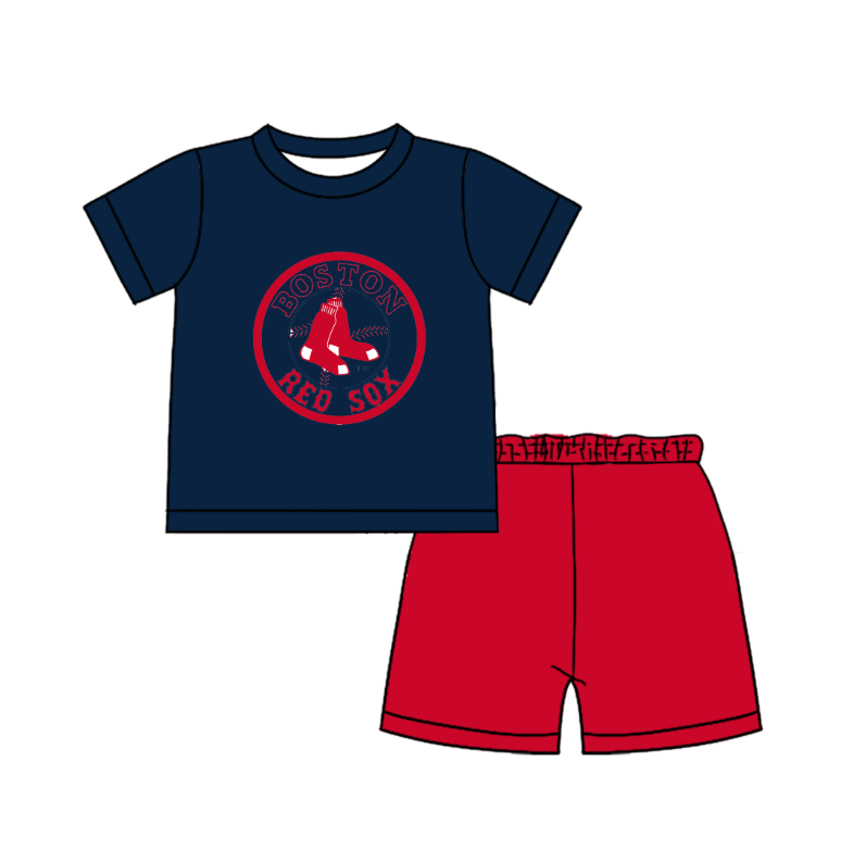 CUSTOM MOQ 5  Cute Comfortable Clothing For Boys Baby Boys Summer Dark Bllue Top Shorts Clothes Sets