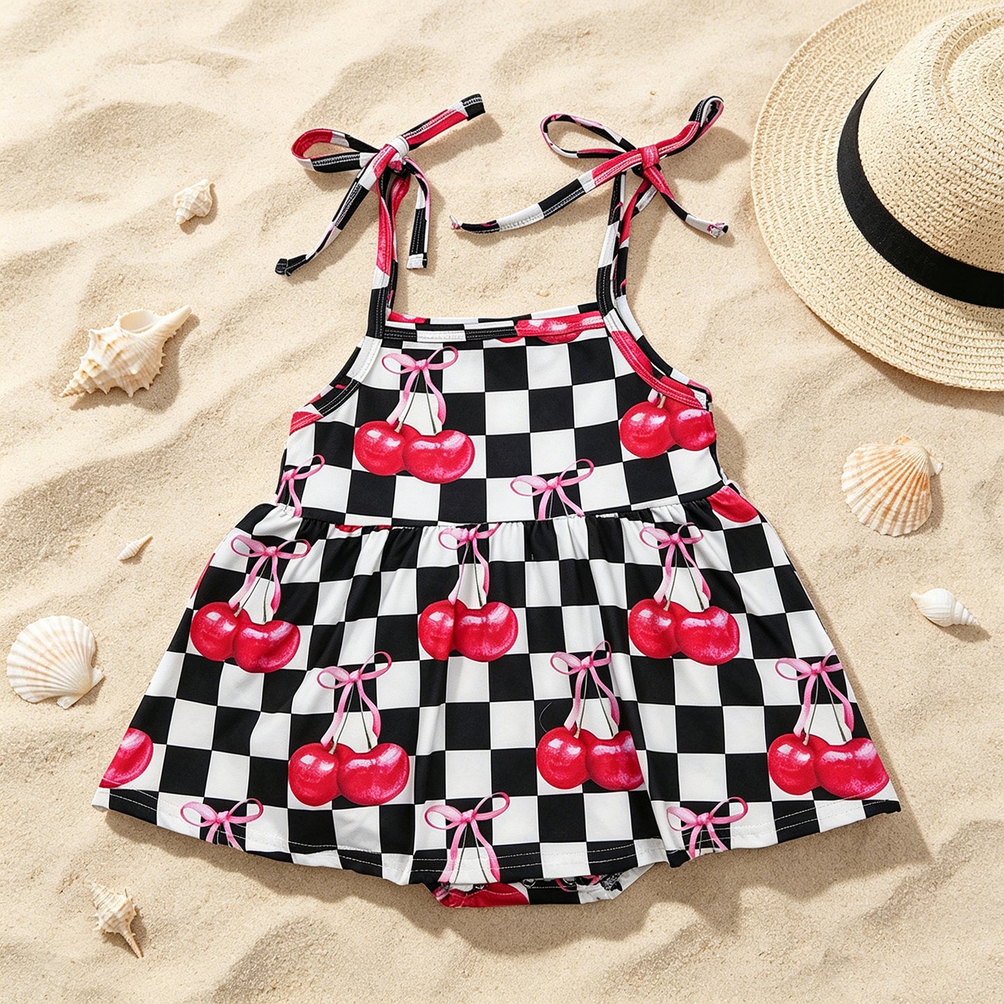 SR3854 RTS NO MOQ （In stock）Straps black plaid cherry bow baby girls summer romper