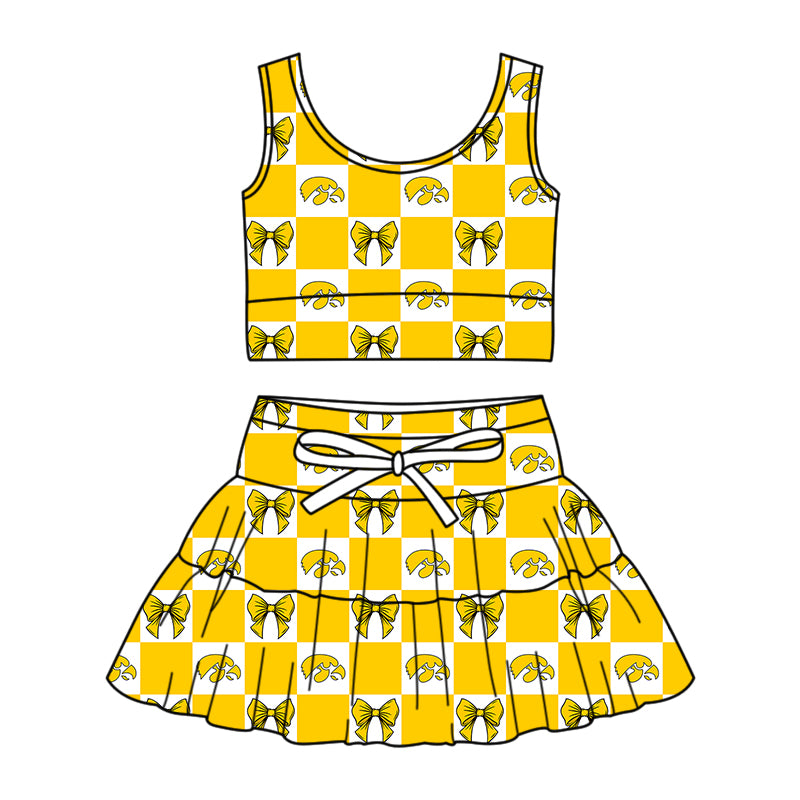 CUSTOM MOQ 5 Sibing Kids Clothing for Girls Baby Girls Yellow Bow Top Skirts Yoga Active Team Clothes Sets Knee Length Dress Shorts