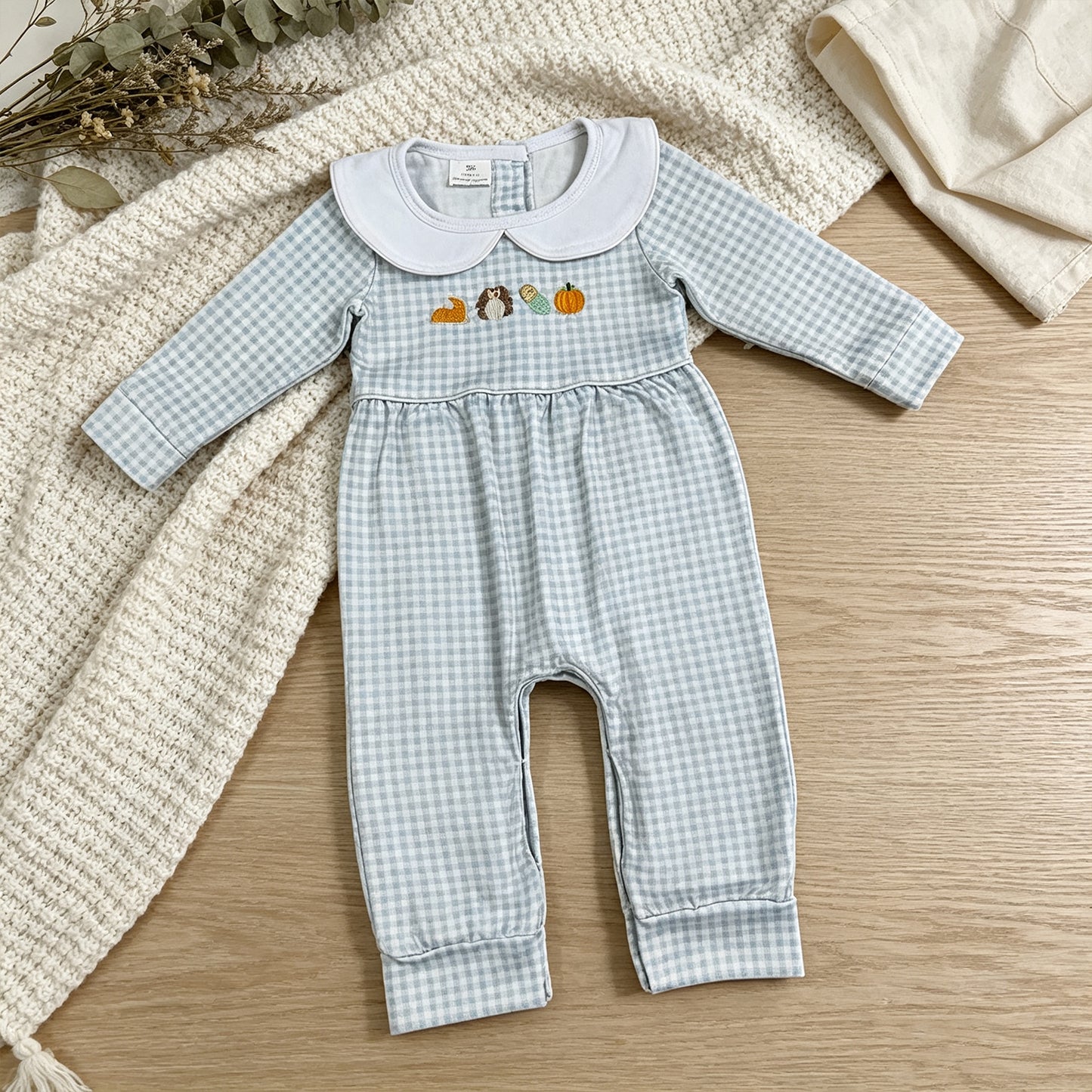 RTS NO MOQ （In stock）milk silk LR3105 Embroidery Baby Boys Turkey Pumpkins Thanksgiving Rompers