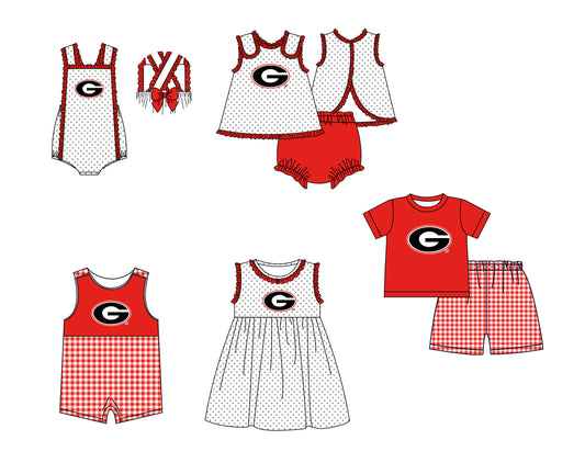 CUSTOM MOQ 5 Sibling Boys Baby Girls Red Top Shorts Clothes Set Knee Length Dress Rompers