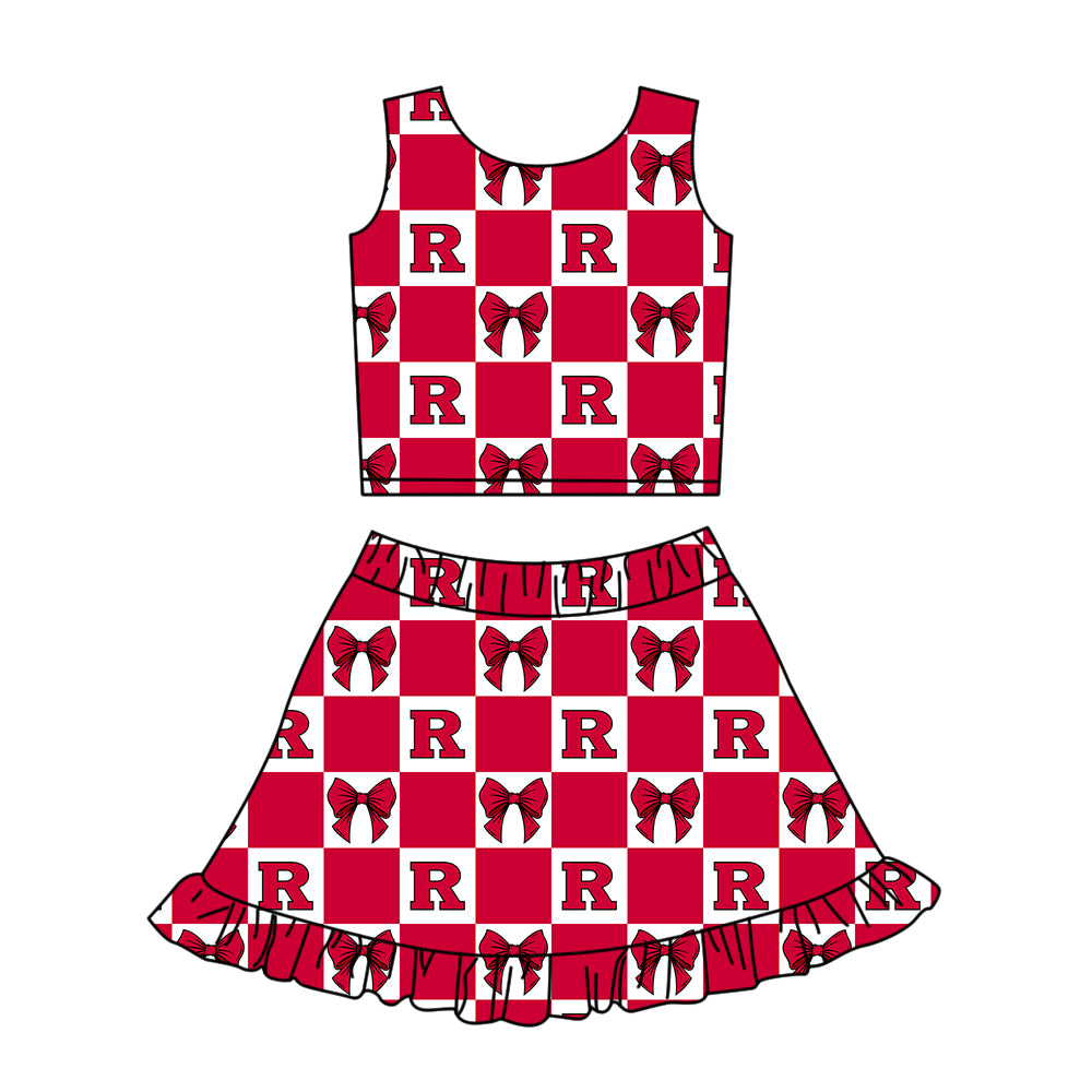 CUSTOM MOQ 5 Sibing Kids Clothing for Girls Baby Girls Red R Bow Top Skirts Yoga Active Team Clothes Sets Knee Length Dress Shorts