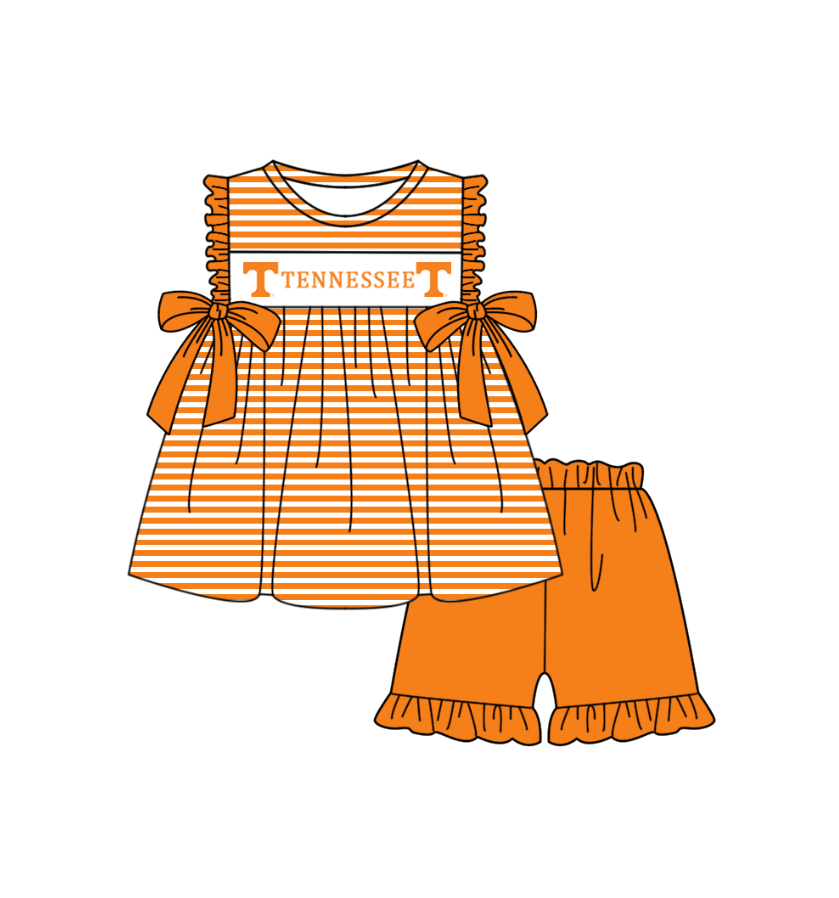 CUSTOM MOQ 5 Sibling Baby Kids Orange Stripe Top Ruffles Shorts Clothes Set Knee Length Dress Rompers