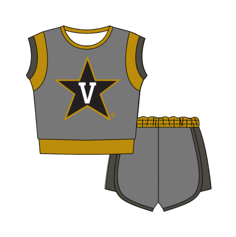CUSTOM MOQ 5 Cute Comfortable Clothing For Kids Baby Kids Summer Grey V Sleeveless Patchwork Top Shorts Clothes Sets