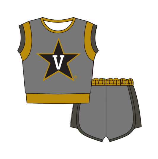 CUSTOM MOQ 5 Cute Comfortable Clothing For Kids Baby Kids Summer Grey V Sleeveless Patchwork Top Shorts Clothes Sets
