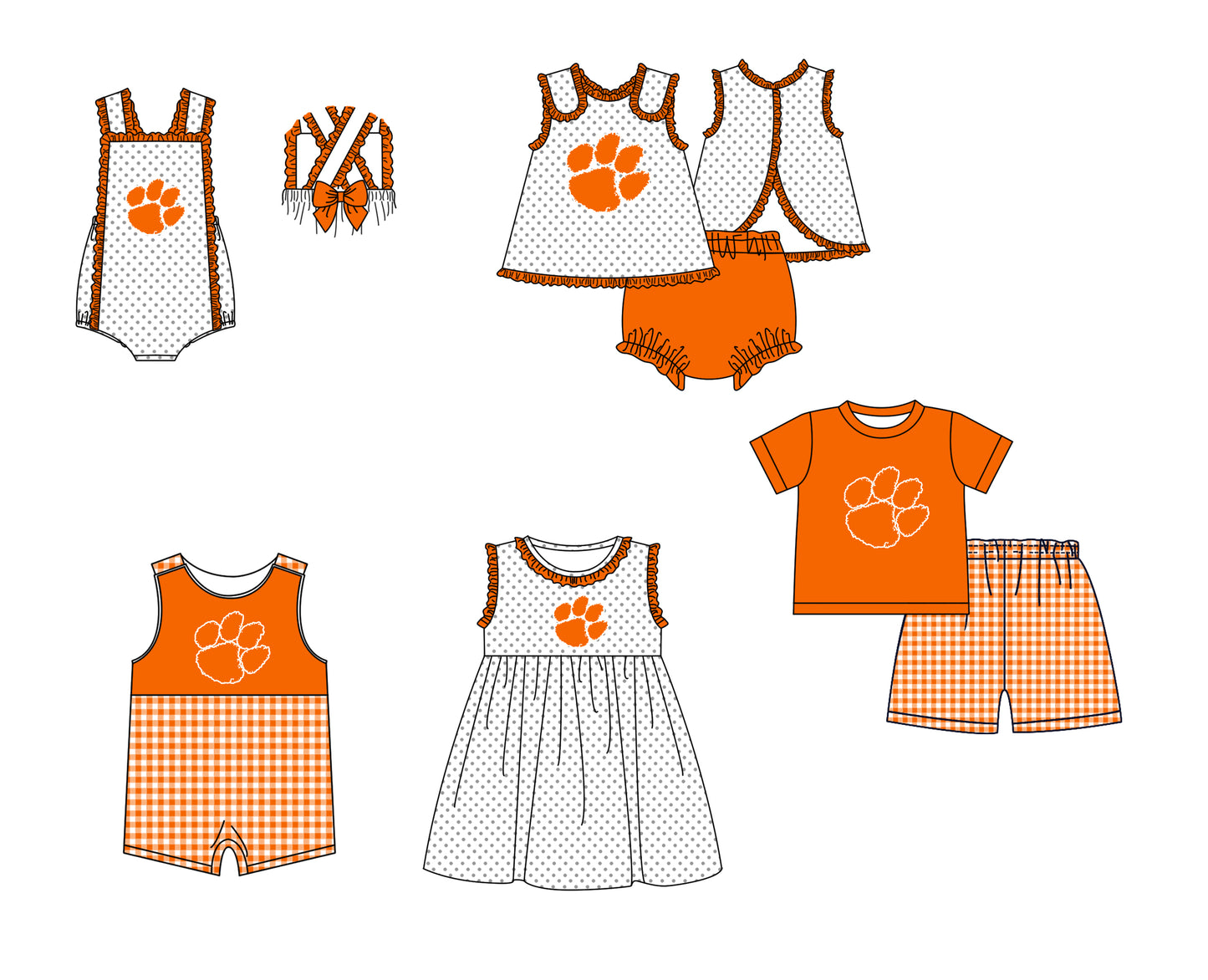 CUSTOM MOQ 5 Sibling Boys Baby Girls Orange Top Shorts Clothes Set Knee Length Dress Rompers