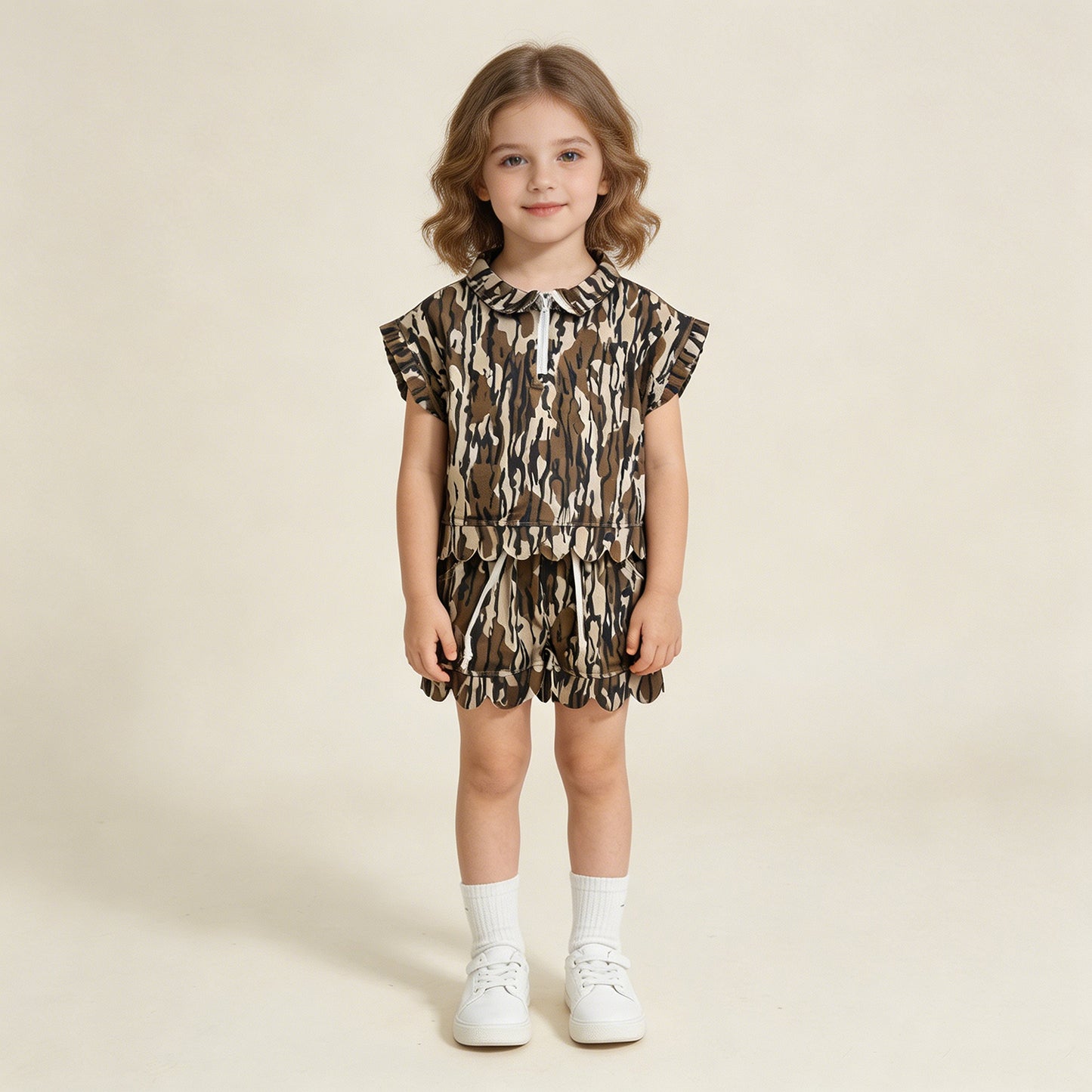 GSSO3563 RTS NO MOQ （In stock ）Short sleeves camo scallop pullover shorts girls outfits