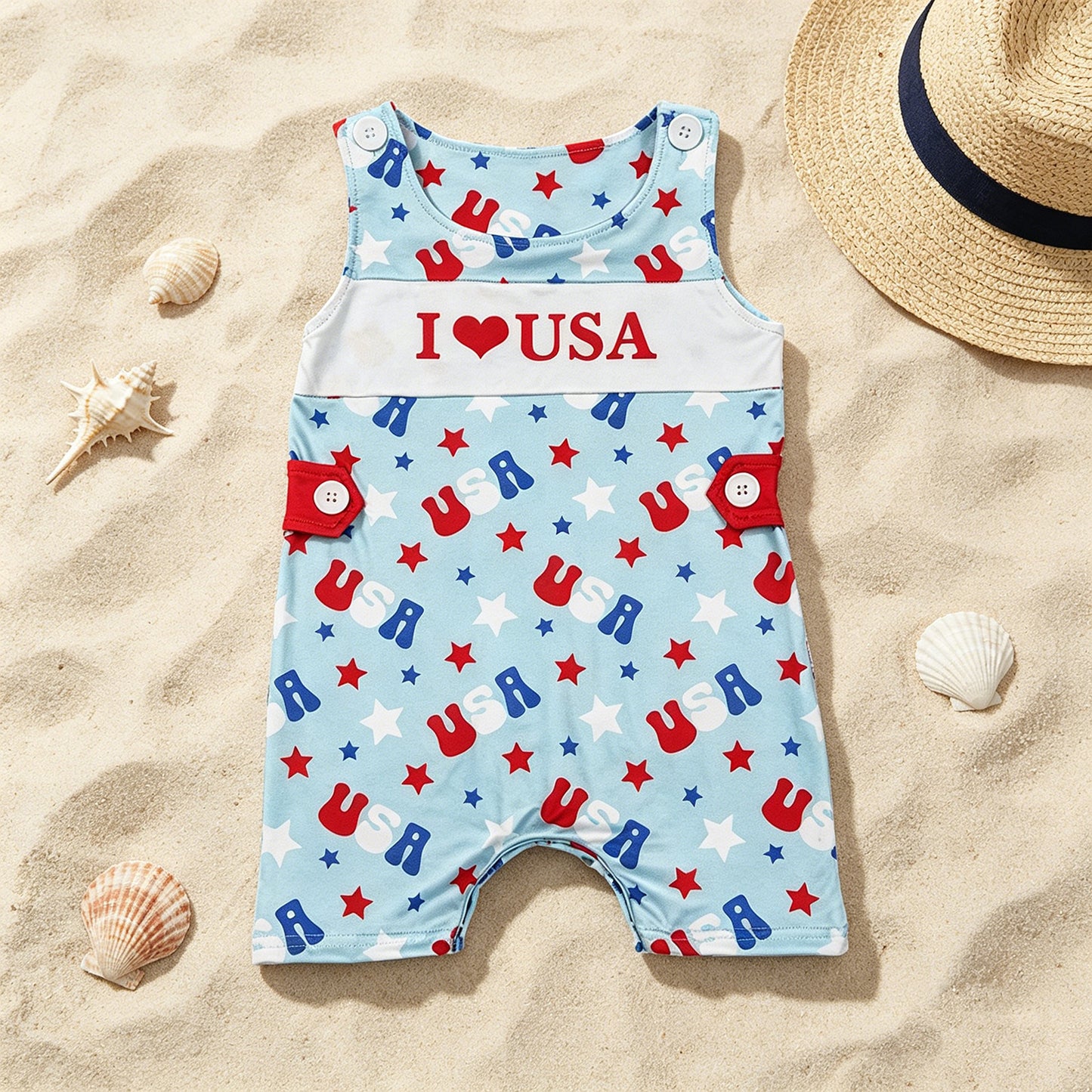 SR4155 RTS NO MOQ （In stock）Sleeveless I love USA stars baby boy 4th of july romper