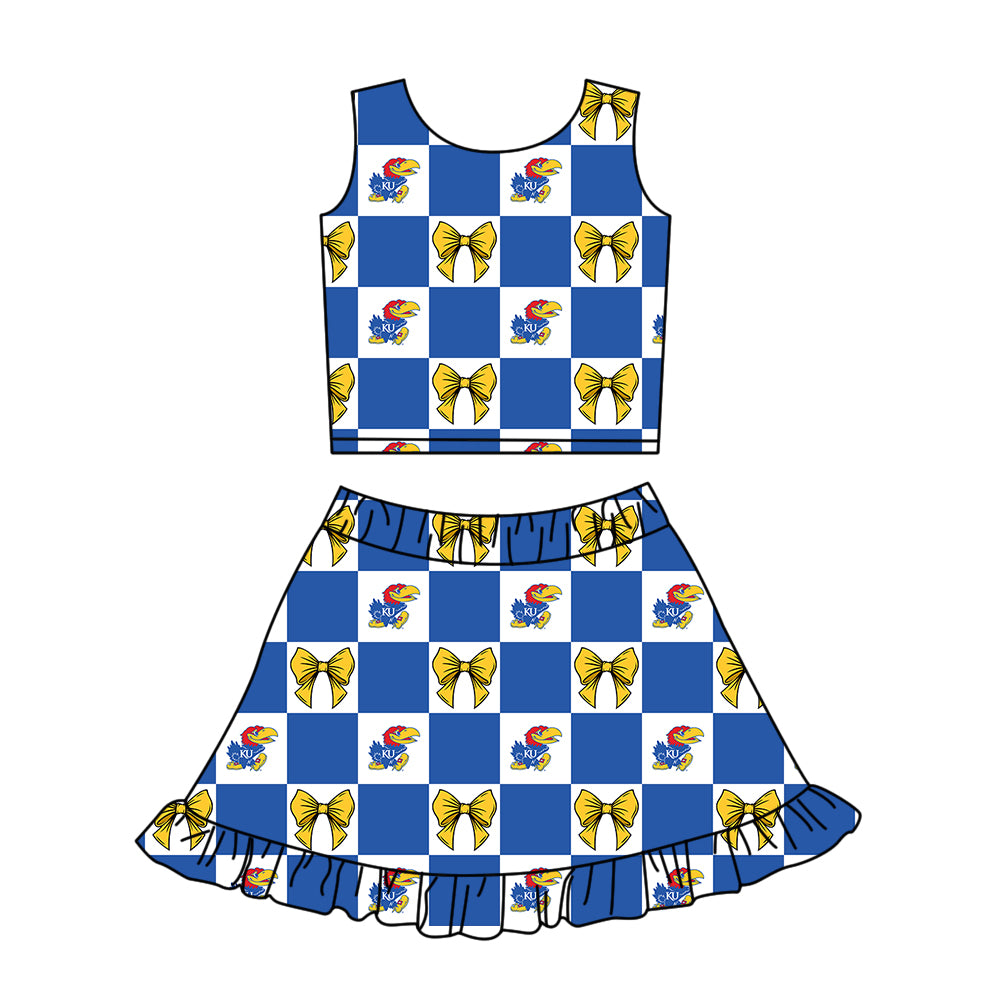 CUSTOM MOQ 5 Sibing Kids Clothing for Girls Baby Girls Blue Bow Top Skirts Yoga Active Team Clothes Sets Knee Length Dress Shorts