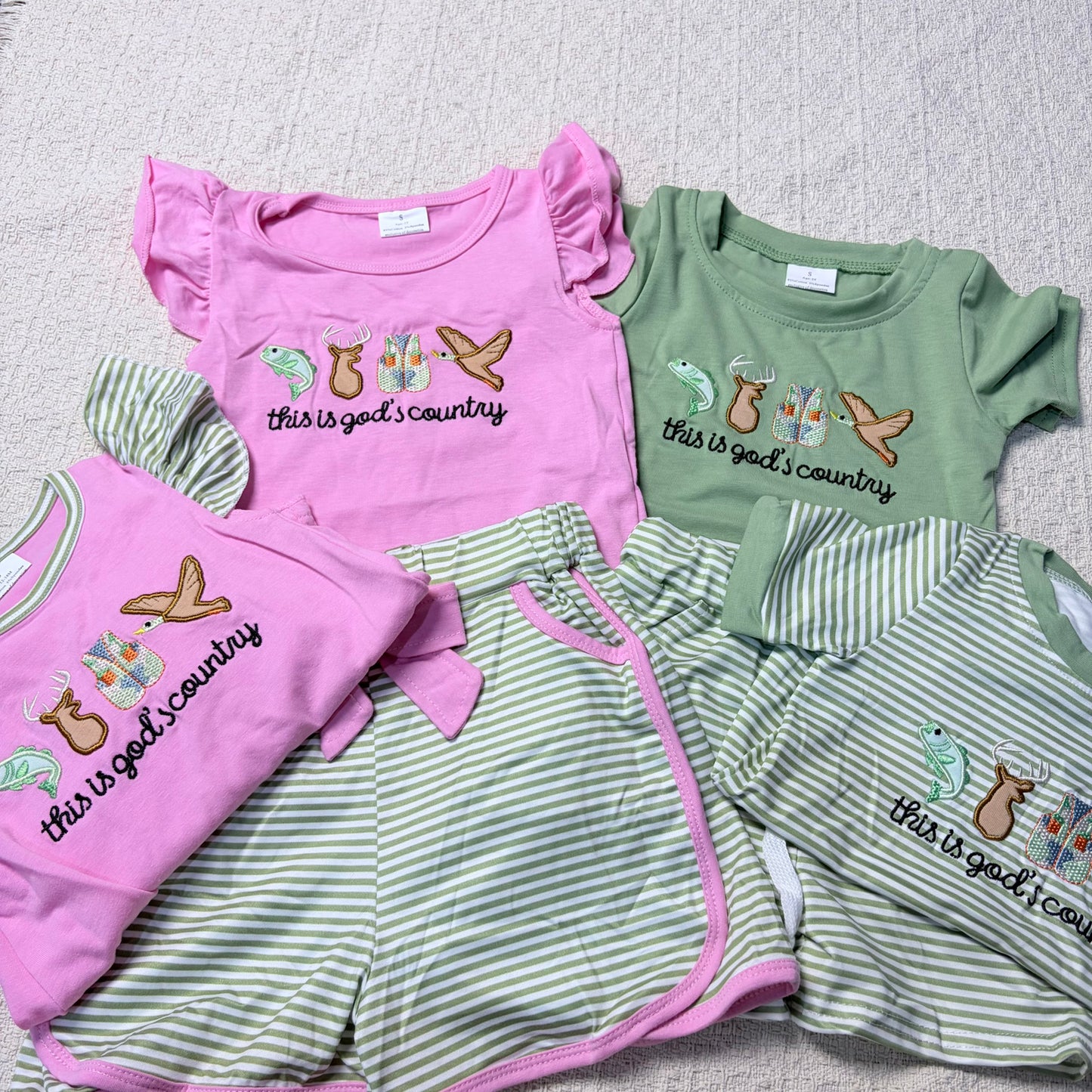 0514 RTS Sibling This is god's country fish deer duck top shorts kids clothes and romper