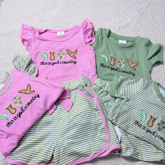 0514 RTS Sibling This is god's country fish deer duck top shorts kids clothes and romper