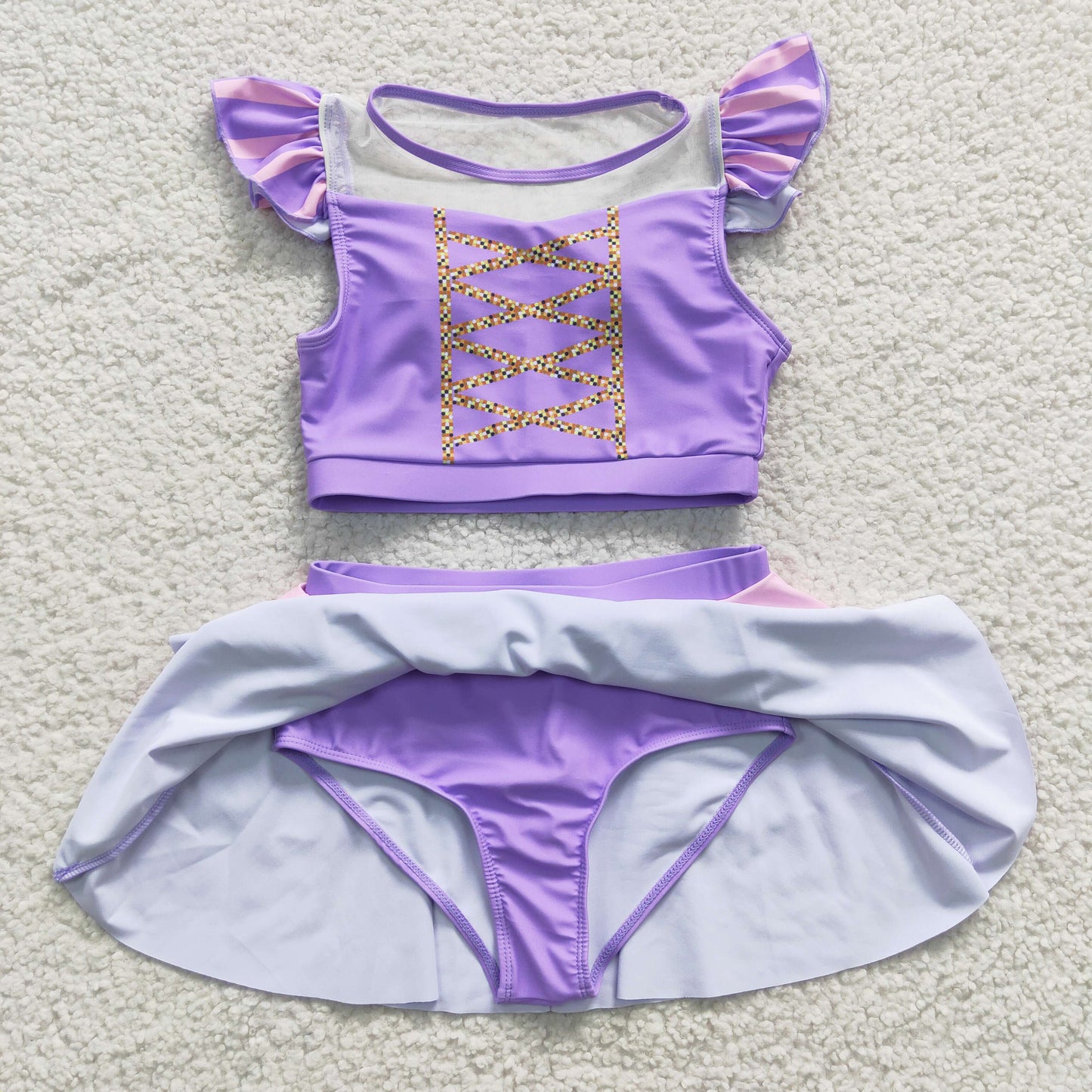 S0145 Disney Princess Purple Short Sleeve Skirt Swimsuit Set