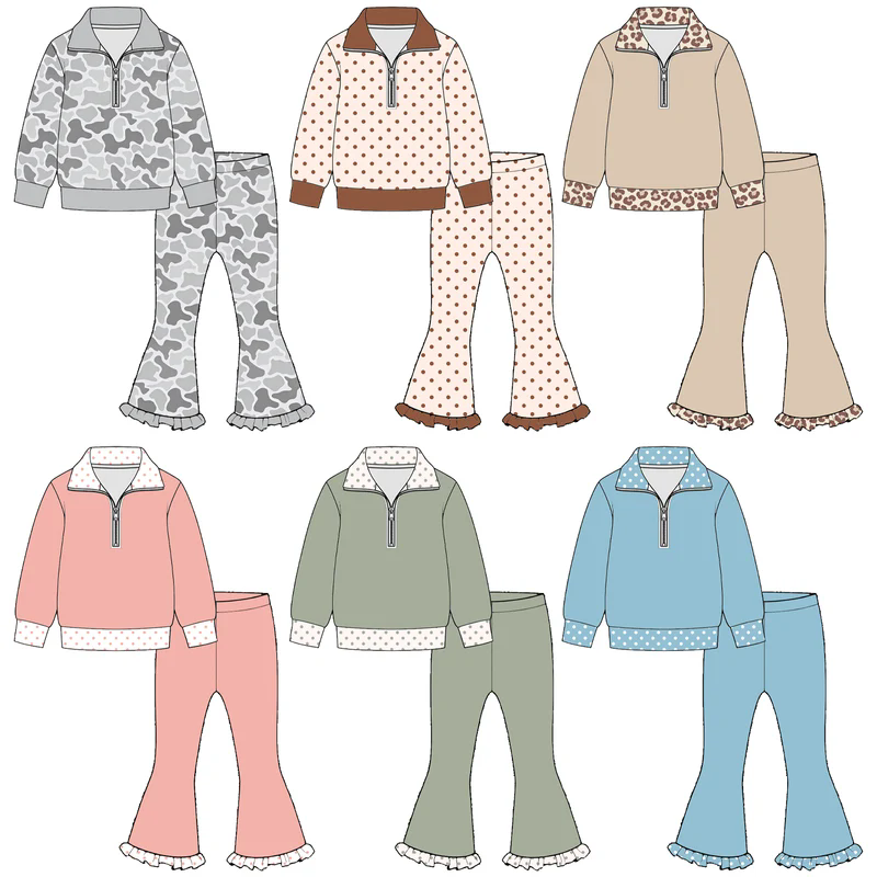 (Preorder new) No moq Baby Girls  Long Sleeve Quarter Zip Collar Top Matching Ruffle Hem Bell Bottom Pants Set