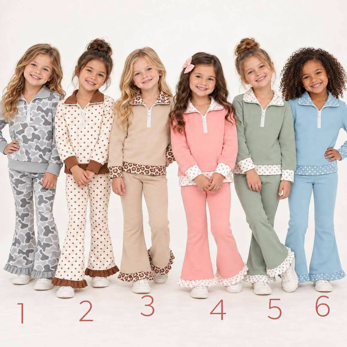 (Preorder new) No moq Baby Girls  Long Sleeve Quarter Zip Collar Top Matching Ruffle Hem Bell Bottom Pants Set