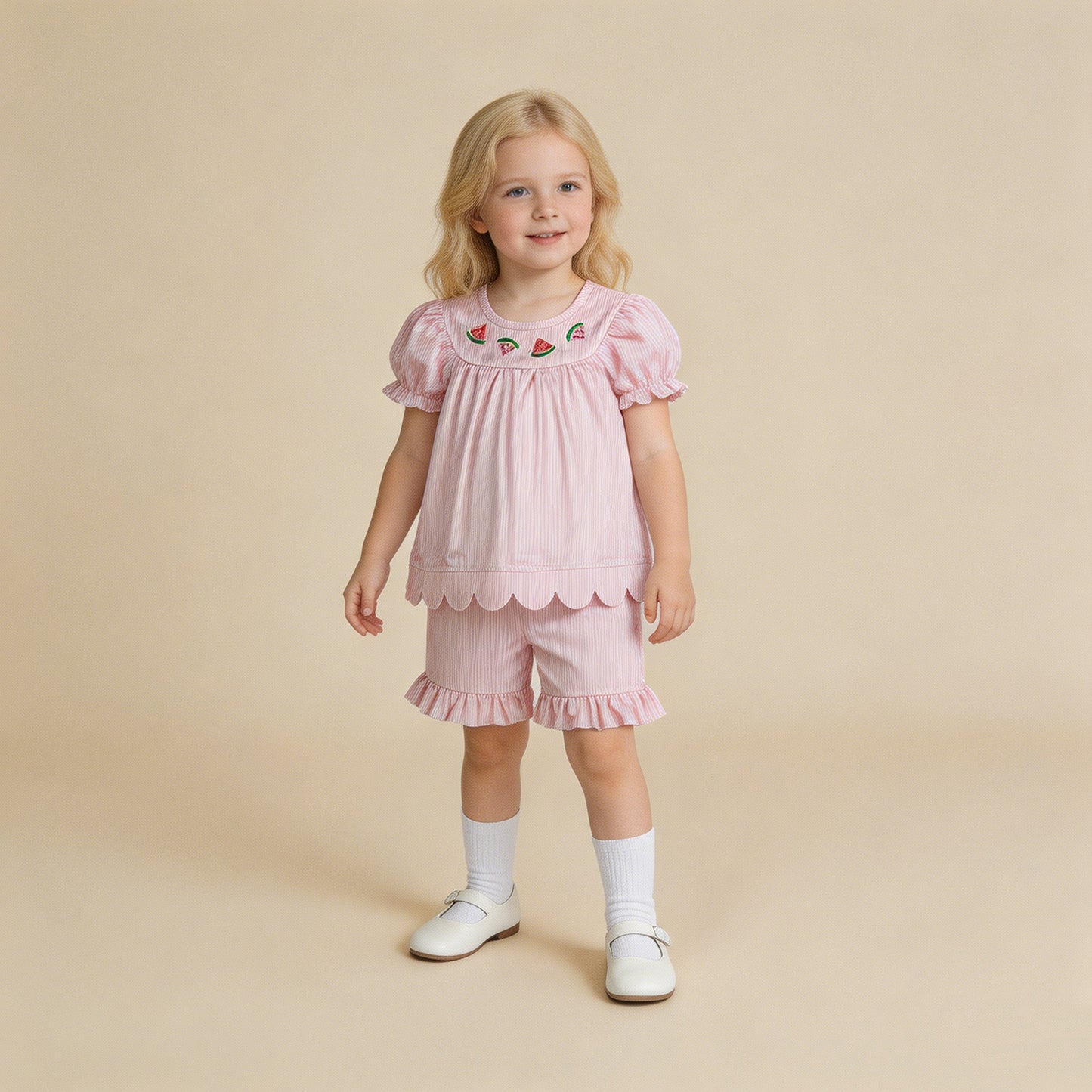 GSSO3239 RTS NO MOQ （In stock ）pink stripe watermelon embroidery scallop girls outfits
