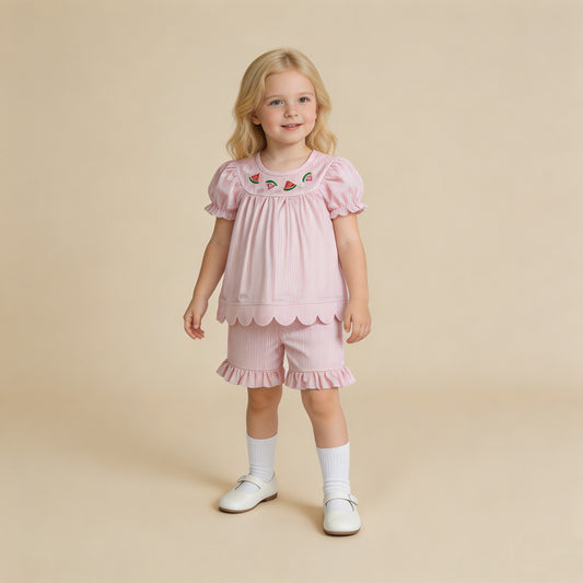 GSSO3239 RTS NO MOQ （In stock ）pink stripe watermelon embroidery scallop girls outfits