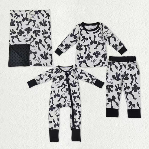 9.22 RTS Sibling Baby Kids Black Bows Checked Pajamas Sets Zipper Footie Rompers Blankets
