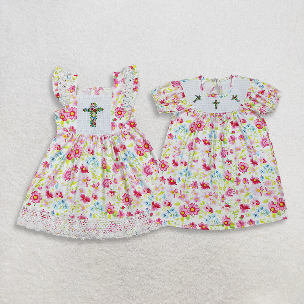 3.31 RTS Sibling Floral short sleeves cross smocked baby girls Easter dress