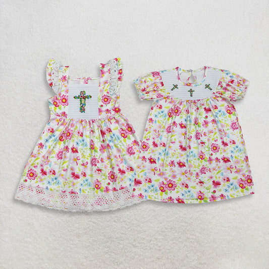 3.31 RTS Sibling Floral short sleeves cross smocked baby girls Easter dress