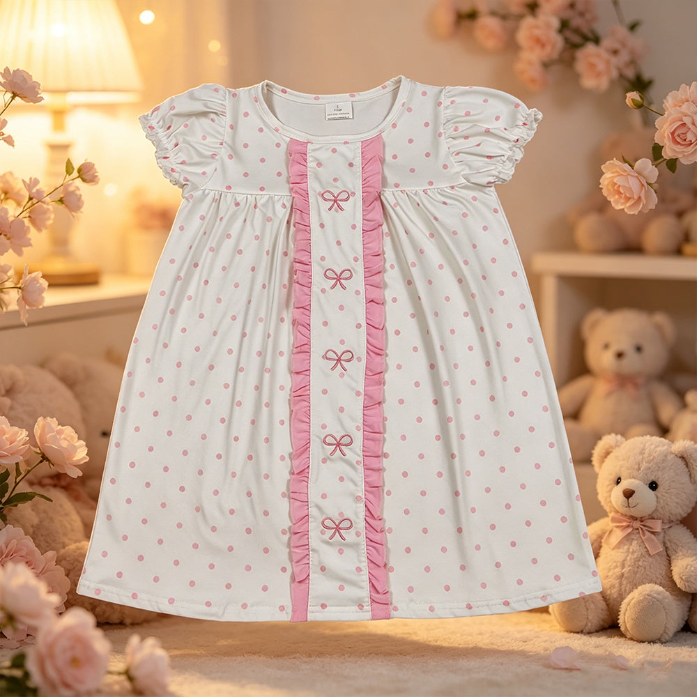 GSD3312 RTS NO MOQ （In stock）Short sleeves pink polka dots bow embroidery girls dresses