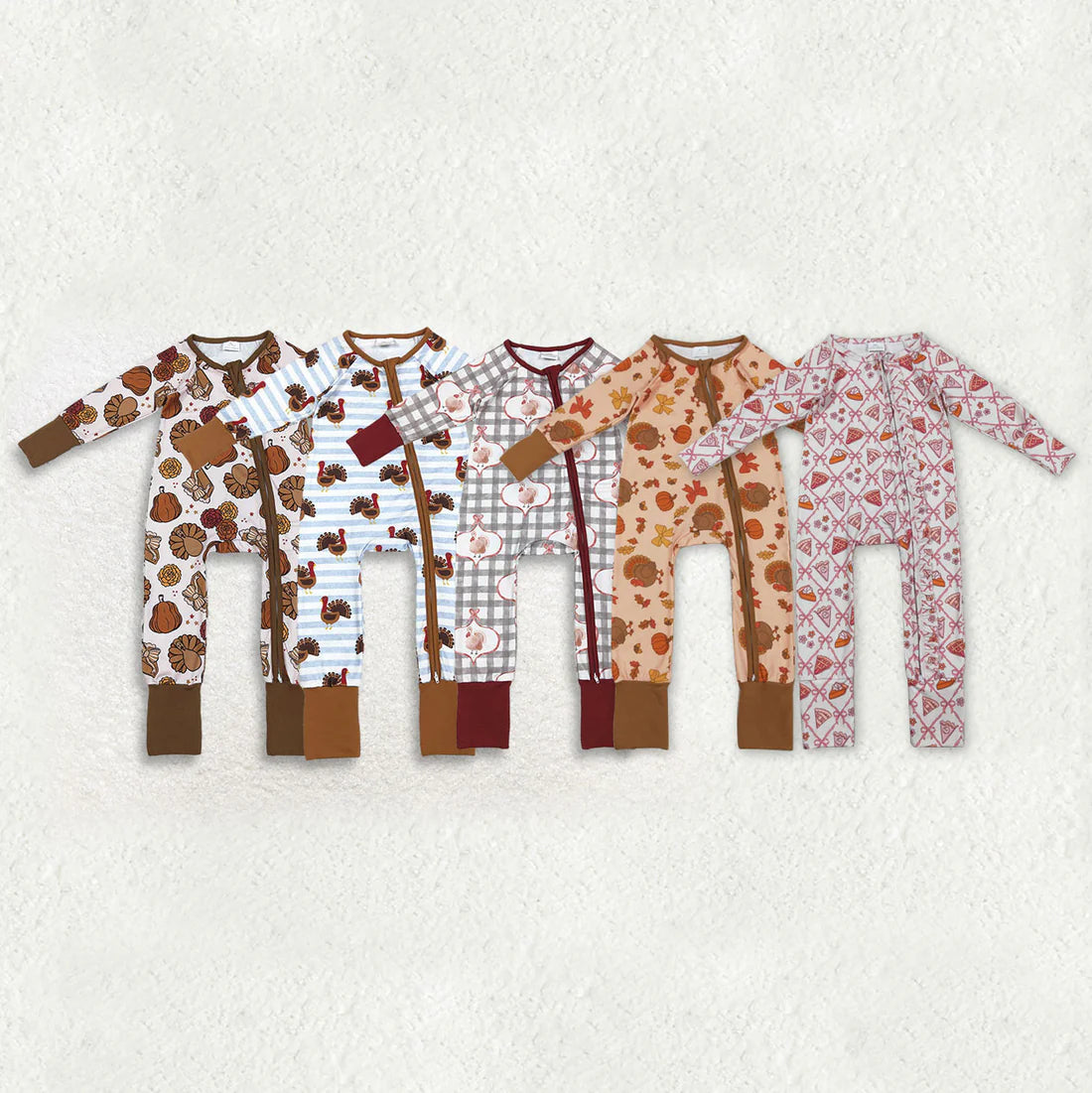 10.27 RTS Sibling Baby Boys Girls Long Sleeves Thanksgiving Two Way Zip Convertible Rompers