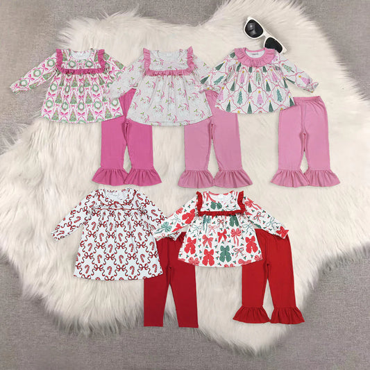 10.2 RTS Sibling Baby Girls Long Ruffle Sleeves Holly Santa Plaid Tunic Pants Christmas Set