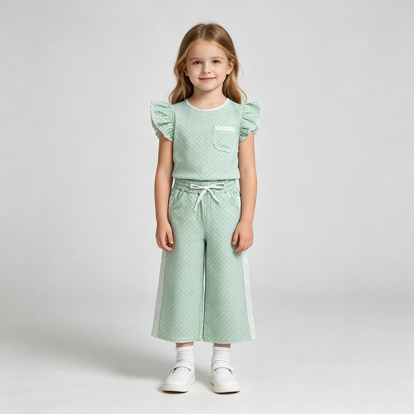 GSPO2332 RTS NO MOQ （In stock）Green polka dots flutter sleeves top pants girls outfits