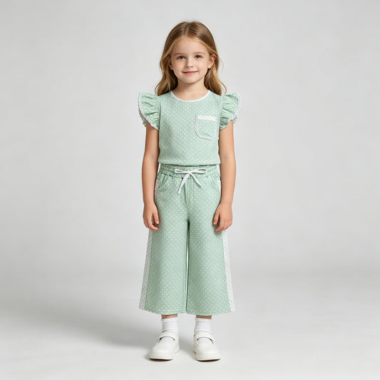 GSPO2332 RTS NO MOQ （In stock）Green polka dots flutter sleeves top pants girls outfits