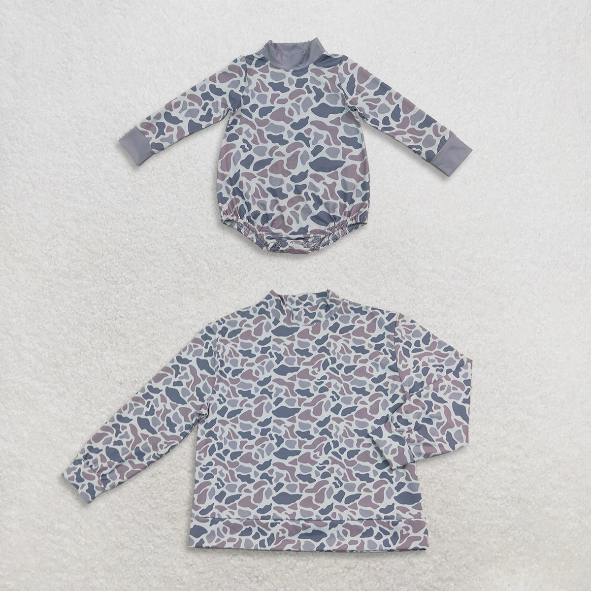 RTS NO MOQ Sibling yoga fabric Adult To Match Kids High Neck Camo Print Mock Neck Top Long Sleeve Romper