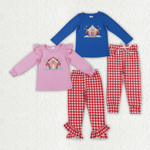 9.24 RTS Sibling Embroidery House Candy Cane Baby Kids Long Sleeves Pants Christmas Clothes Sets