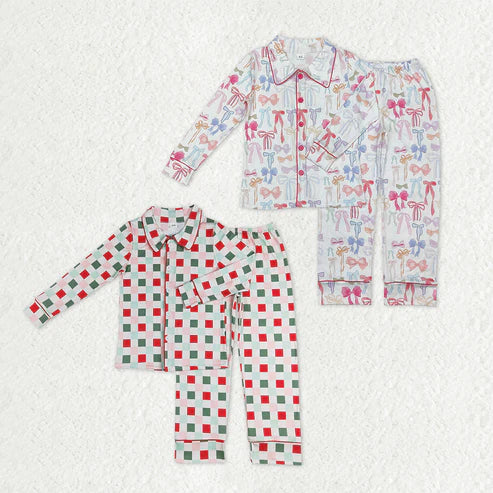 11.5 RTS Sibling Adult Women Long Sleeve Bows Checked Button Shirts Pants Christmas Pajamas Sets