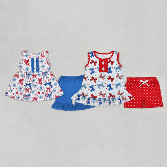 11.10 RTS Sibling Baby Girls 4th Of July Bows Tunic Shorts Sets