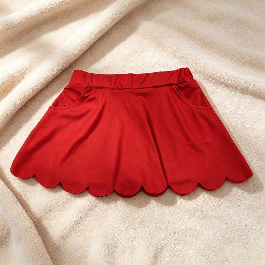 GLK0235 RTS NO MOQ （In stock）Red pockets scallop kids girls summer activwear skirt