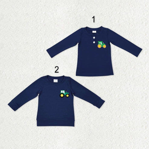 9.25 RTS Sibling Baby Boys Girls Embroidery Farm Trucks Button Tee Shirts Tops