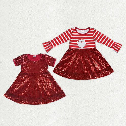 10.30 RST Sibling Baby Girls Christmas Embroidery Santa Sequin Ruffle Knee Length Dresses