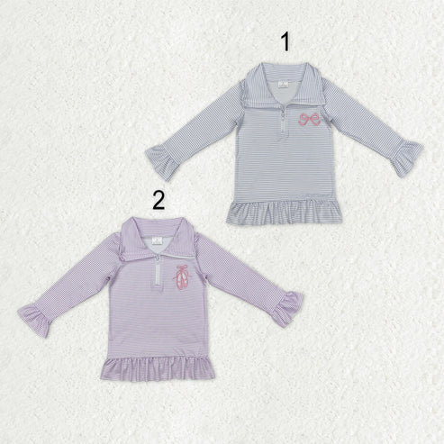9.25 RTS Sibling Baby Girls Embroidery Bows Shoes Zipper Ruffle Pullovers Top