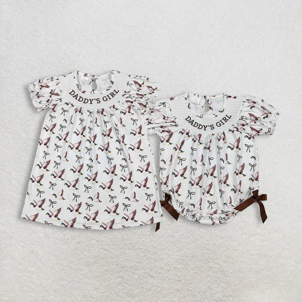 12.16 RTS Sibling Smocked Daddy's Girl Baby Girls Bows Ducks Hunting Knee Length Dress Rompers